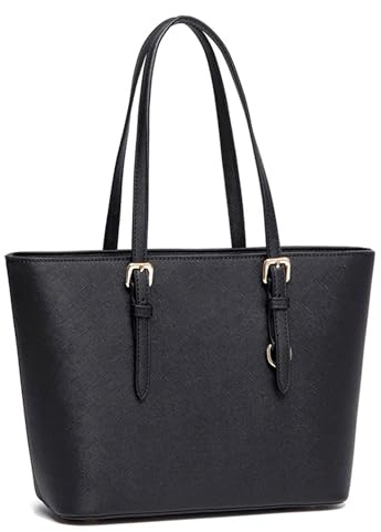 AOSSTA Womens Handbag Tote Bag Multi Compartment Zip Shoulder Bag Stylish Black Large Handbag for School College Travel 16 inch (Black with Zip)