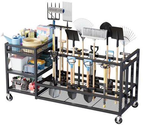 HavenlyYouth Garden Tool Organizer with Wheels-Movable Garden Tool Rack with Storage Hooks for Long-Handled Tools/Rakes/Brooms/Shovels,Heavy Duty Metal Garden Tool Storage for Garage,Shed,Garden,Black