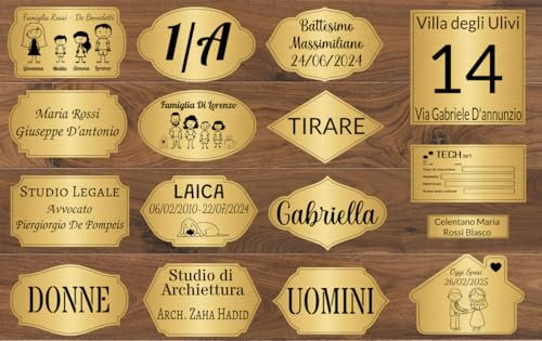 Targa Porta Ingresso Personalizzabile Oro Spazzolato - Nome, Indirizzo, Design a Scelta, Targhetta Fuoriporta Laser Incisa Laminato Plastico