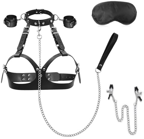 Kit 6 en 1 Fesseln Menottes Érotique,avec Menottes + Harnais Gothique Soutien-Gorge,Collier Masque pour les Yeux Pince Teton Couple Femme (A)