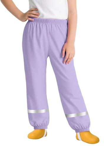 FILOWA Kids Waterproof Trousers Girls Lightweight Rain Trouser Dirty Proof Mud Pants with Reflective Strip Overtrousers Breathable Rain Pant Outdoor School Cycling Rainwear for Child 9-10 Years,Pruple