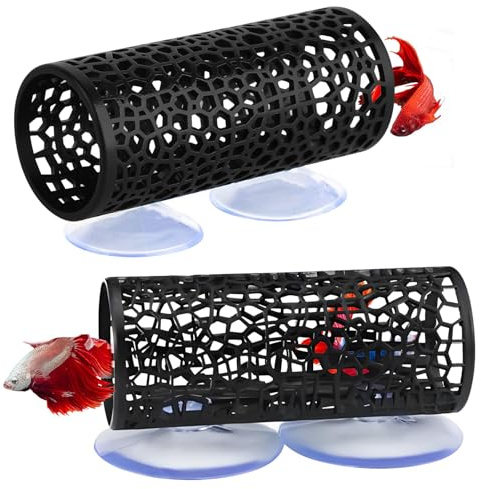 HINGTAI Lot de 2 décorations d'aquarium Betta Noires, Accessoires décoratifs avec Ventouse, Jouets décoratifs cachés pour l'élevage de crevettes, Les Petits Poissons, Le Jeu et Le Repos