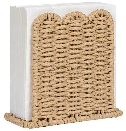 CubesLand Scalloped Edge Napkin Holder for Table Home Rustic Room Decor, Paper Rope Napkin Dispenser for Kitchen Countertop Dining Hotel, Cocktail Napkin Holder for Indoor & Outdoor Party, Beige