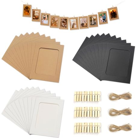 GIDWRIY 30 Pièces Cadre Photo Carton 6 Pouces,Guirlande Photo Avec Pinces en Bois Et Corde de Chanvre,Cadre Photos en Papier Kraft,Cadres Photos Suspendu,Cadres Carton Bricolage pour Anniversaire