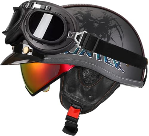 Half-Helmet Vintage Casco Moto Abierto Cascos Moto con Visera Casco Aleman Moto Homologado Dot/ECE para Chopper Ciclomoter, Hombres Y Mujeres Retro Seguridad Ligera Medio Casco