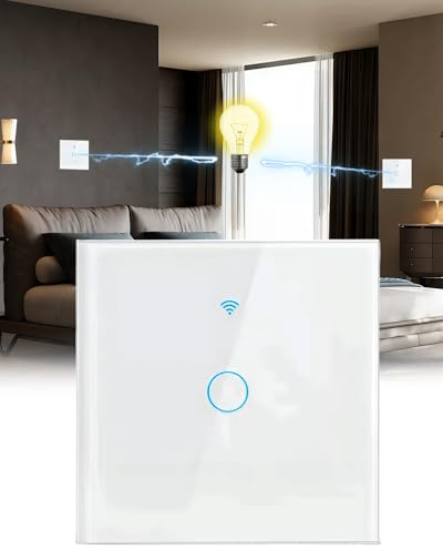 Wifi Smart Light Switch, 1 Gang 1 Way Touch Light Switch Single Gang White Lights Switches Voice/App Control Lights Switches Tempered Glass Panel with Led Indicator for Home Living Room Bedroom
