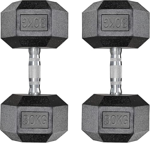 Set di 2 manubri esagonali, 10 – 25 kg, con rivestimento antiscivolo, impugnatura ergonomica, set di manubri corti in gomma polimerica, per allenamento aerobico (2 x 30 kg - neri)