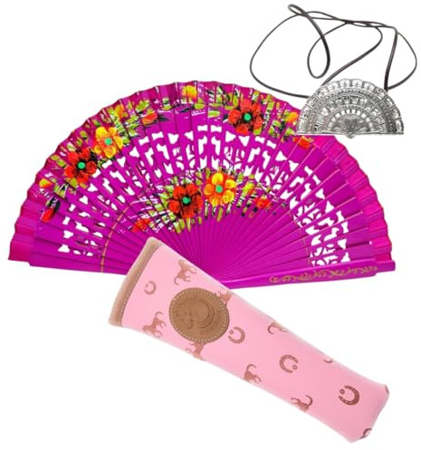 Abanico Plegable de Madera con Flores Pintadadas a Mano con Funda y Cuelga Abanicos. Funda de Lona con Crermallera y Cuelga Abanico Metálico (Magenta Ardiente)