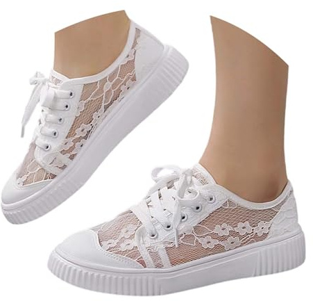 Hsternexy Chaussures plates pour femme - Dentelle Dirndl - Baskets en maille respirante - Chaussures d'été blanches - Chaussures de mariage - Chaussures de tennis - Chaussures de sport