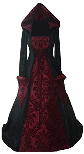 Generisch | 2025 Mujer Cena Medieval con Capucha Swing Vestido Estampado Retro Arte Manga Larga Tie Cintura Kirishima Cosplay Disfraz, rojo, L
