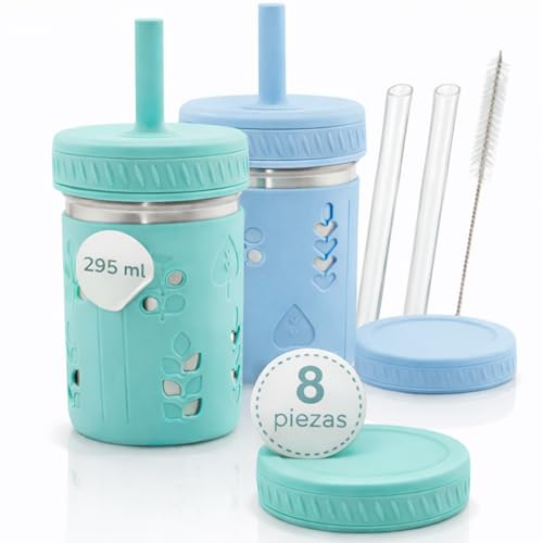 AMATOYS Vaso Infantil de Acero Inoxidable Set de Tazas Antiderrame con Pajita y Limpiador de Silicona Libre BPA - 3 en 1 para Comer y Beber - Capacidad 296 ml - Ideal para Regalo (Set x2)