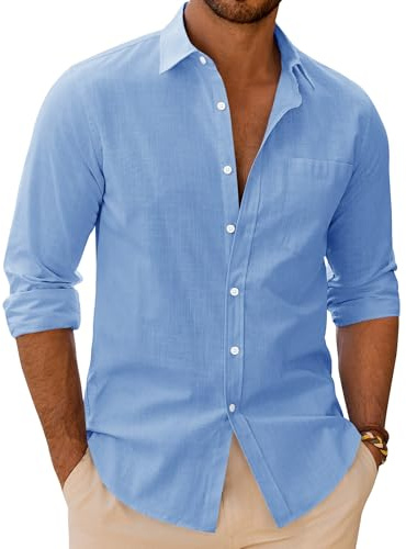 siliteelon Blue Shirt Mens Shirts Long Sleeve Beach Casual Cotton Regular Fit Button Summer Holiday Tops with Pocket M