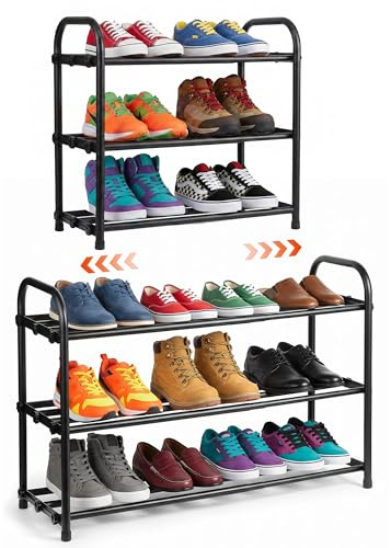 WUFANC Scarpiera Salvaspazio 3 Livelli Espandibile Metallo | Porta Scarpe da Ingresso Regolabile 45-85 cm per 6-12 Paia, per Corridoio, Soggiorno, Camera da Letto Armadio, Nero