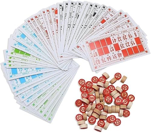 EAVUYIS Jeu de Loto Bingo Complet 138 Pièces - 48 Cartons de Loto et 90 Jetons Numérotés, Kit Traditionnel pour Tombola, Kermesse et Soirées en Famille