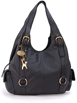 Catwalk Collection Handbags - Women's Large Leather Shoulder Bag - Hobo Tote Bag With Zip - Handbag With Multiple Compartments - Alex - Black