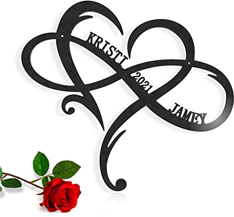 Personalised Wall Hanging Sign Couple Names Est. Year Established Custom Door Hanger Love Heart Shape Infinity Symbol Wedding Decorations Family Gift for Couples Outdoor Valentines Wood Metal Acrylic