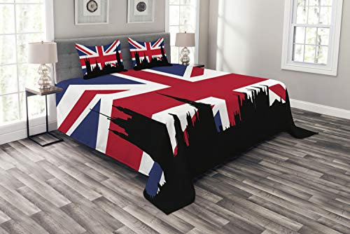 ABAKUHAUS Union Jack Tagesdecke Set, Historische Stadt UK, Set mit Kissenbezügen Kein verblassen, für Doppelbetten 220 x 220 cm, Royal Blue Black Red