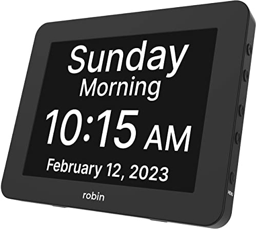 Robin Day Clock 2025 Dementia Clock with Custom Alarms & Calendar Reminders, Clocks for Seniors Helps with Memory Loss, Alzheimers, Dementia, Black