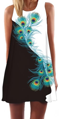 Ocean Plus Damer Sommar Ärmlös Färgglada Toppar Klänningar Påfågel Blommor Strandklänningar Kort en Linje Klänning Cover Up (XL (SE 40-42), Svartvita påfågelfjädrar)