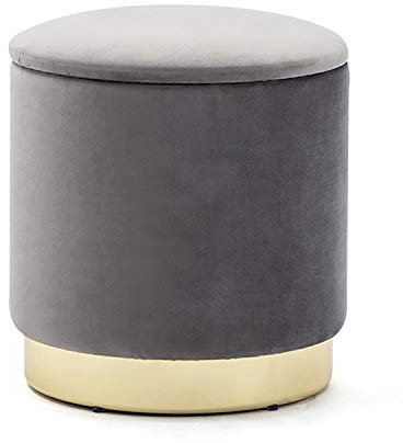 HNNHOME 37cm Round Velvet Ottoman Storage Box with Lid, Pouffe Seat Chair, Living Room Footstool, Bedroom Dresing Stool with Gold Plating Base (Grey)