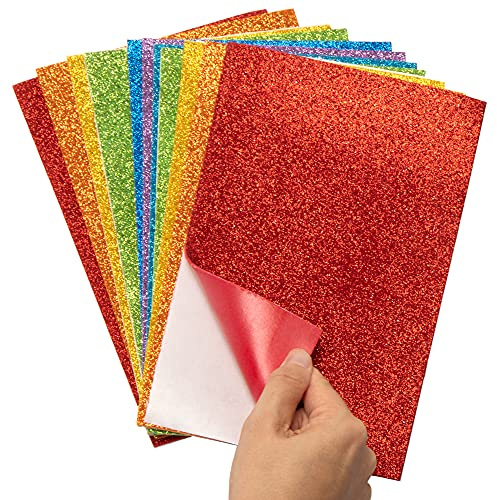 Baker Ross AX948 Fogli Biadesivi Glitterati in Gommapiuma a Tema Arcobaleno - Confezione da 12, Materiali Artistici Colorati per Attività Artigianali per Bambini
