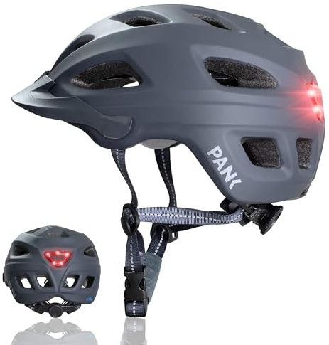 PANK Casco Bici Uomo - Certificato CE, Con Luce di LED - Casco Mtb Uomo, 325g Leggero, Adatto per Monopattino Elettrico Adulti Mountain Bike, Grigio 54-61 cm