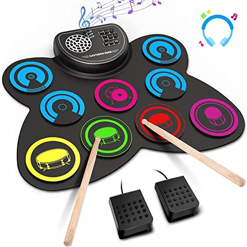 Electric Drum Set, 9 Drum Practice Pad, Roll-up Electronic Drum Pad with Headphone Jack Built-in Speaker Drum Sticks Foot Pedals, Gift for Kids