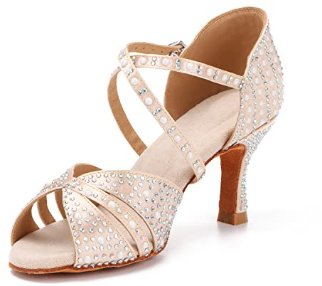 Syrads Womens Professional Latin Dance Shoes Open Toe Salsa Bachata Dance Shoes Glitter Strass Salsa Latin Dancing Heels,Colore Chiaro 7.5cm Heel,39 EU