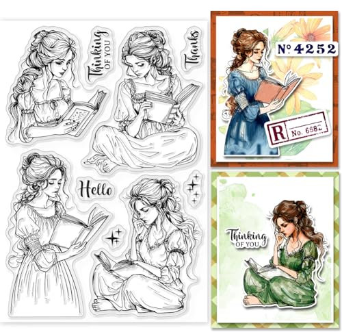 GLOBLELAND Reading Lady Transparente Silikonstempel Vintage Dame Klare Stamps Karten Weltlesetag Silikonstempel Für Kartengestaltung DIY Prägung Journaling