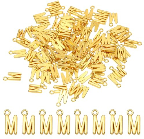 PATIKIL Bokstavsberlock, 100 st alfabetsberlock, initial hänge, berlock bulk söt gör-det-själv för smyckestillverkning armband, örhängen, halsband, nyckelringar, hantverk, guldton, bokstav M