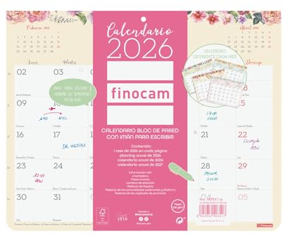 Finocam - Calendario imán Mes Vista Enero - Diciembre (12 meses) | Calendario Magnético nevera | Planificador mensual Design - Español