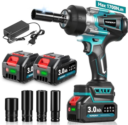 Yofidra Llave de Impacto Inalámbrica sin Escobillas 1700 Nm,1/2 Llave de Impacto Eléctrica 2 Batería 3000 mAh, 3 velocidades, luz LED, 4 vasos, Pistola de Impacto Baterías para y maquinaria pesada