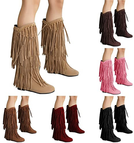 Generisch Western Stiefeletten Damen Fransen,Cowboystiefel Damen,Hoch Wildleder Flach Weiter Schaft Halbstiefel,Vintage Spitz Stiefel Wildleder Kniehohe Booties Niedrige Absätze Flache Fransenstiefel