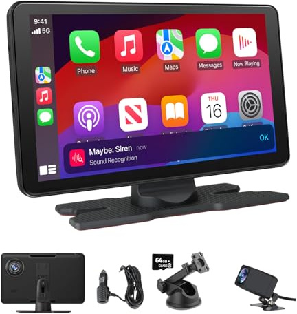 AWESAFE 9”Pantalla de Coche CarPlay/Android Auto/MirrorLink Inalámbrico, Reproductor de Pantalla Tactíl Admite 4K Dash CAM/Cámara de Trasera/Bluetooth/USB/SD/FM/Control por Voz