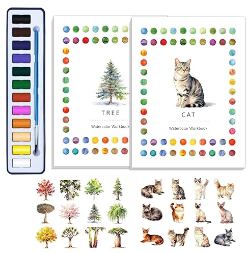 CraftyManor 2Pcs Watercolor Workbook Creative Water Color Paint Book Set with Paints & Brush, 12 Patterns of Original DIY Designs, Beginner-Friendly Adult Coloring Books(Cat & Tree)
