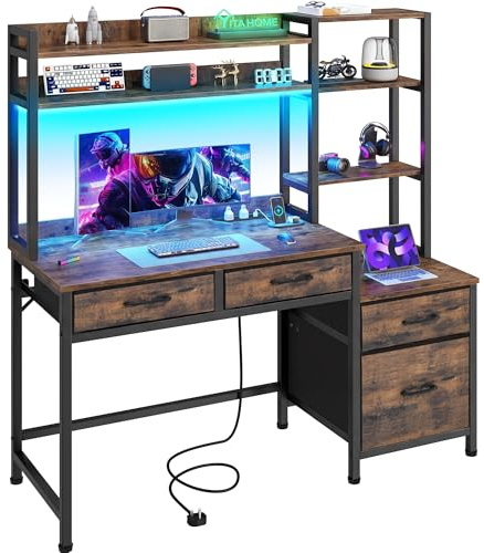 YITAHOME Computer Desk with Drawers, Home Office Corner Computer Table Storages & Shelves, Gaming Desks Workstations with LED Lights & Power Outlets, Study Table Corner Desk with File Drawer, Vintage