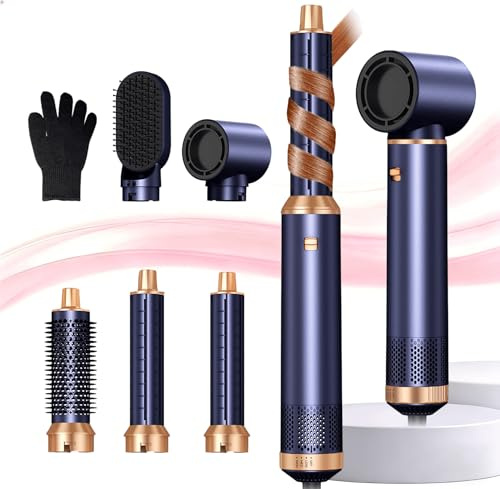 Hairstyler 5-i-1 airbrush hårstyler | Pro Air Styler set – 1 000 W rund borstfön, Air Curler, varmluftsborste, hårtork, plattborste | styling för alla hårtyper – blå