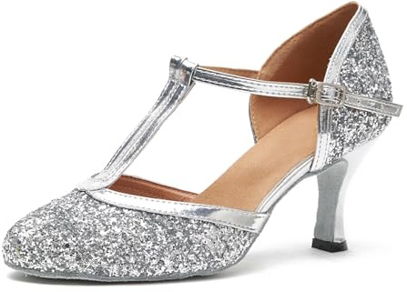 MINITOO Women's T-Strap Flared Heel Silver Glitter Latin Ballroom Dance Shoes Party Pumps UK 6.5