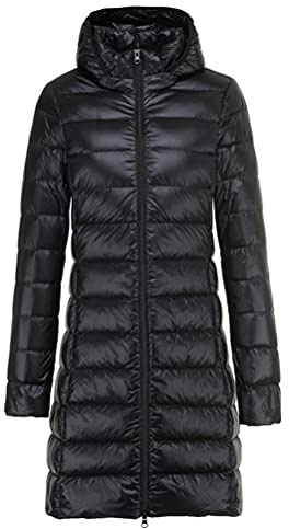 Mujer Chaqueta de Plumón Otoño Invierno Manga Larga Acolchados Ligero Abrigo Largo de Plumas Parka con Capucha A Negro XXL