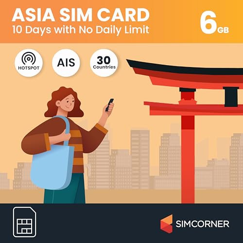 SimCorner Asia Travel SIM Card – 6GB Data, 8-Day Prepaid Plan – 3-in-1 SIM (Standard, Micro, Nano) – Works with All Unlocked Phones – Supports Hotspot & Tethering