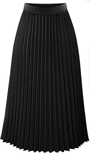 Singular-Point Jupe Longue Casual Chic Taille élastique plissée mi-Longue pour Femmes - Jupe Plissée Femme Longue Jupe Mi-Longue pour Party Travail Vacances (Noir,M)