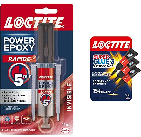 Loctite - 2297532 - Power Epoxy Rapid 5 min - Seringue de colle - Transparent - 11ml & Super Glue-3 Power Gel Mini Dose, mini-dose de colle gel ultra-résistante, lot de 3 tubes 1 g