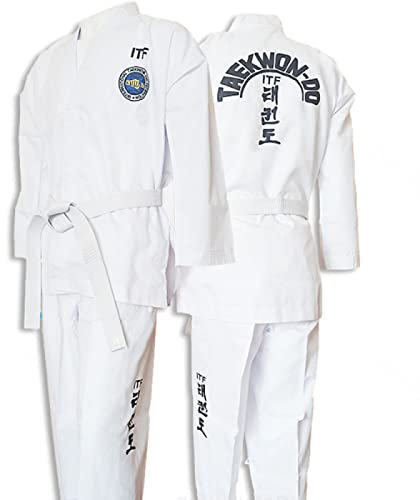 ITF Taekwondo Uniform Kinder Erwachsene Gestreifter Stoff Karate Gi Judo Anzug für Wettkampf und Training,White-180