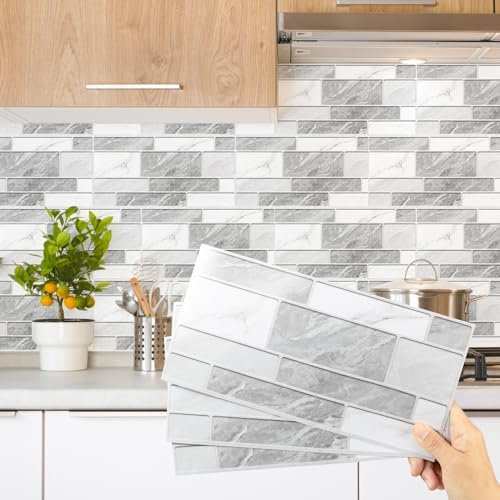 Decoroom Azulejos Autoadhesivos Gris & Blanco 15x30cm/12Pcs Baldosas Pegatinas Adhesivas Ladrillos Vinilo PVC Impermeable Decorativa Cocina Baños Baldosas Adhesivas Pared