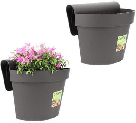 2X Geländertopf Balkon mit Wasserspeicher Blumentopf Zaun Blumenkasten Geländer Geländerkasten Balkontopf Balkonkasten Anthrazit Außenbereich 21 x 29 x 23 cm