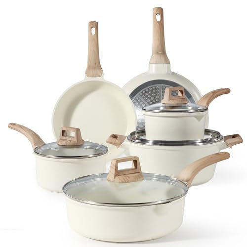 CAROTE Pots and Pans Sets Non Stick, 10 PCS White Granite Induction Hob Pan Set, Natural Non Toxic Cooking Cookware Set with Saucepan Set,Suitable for All Stoves