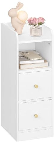 Hzuaneri Nachttisch Schmal, Beistelltisch mit 2 Schubladen, Nachttische mit Offenem Fach, für Schmale Räume Schlafzimmer, Wohnzimmer, 30 x 24 x 65 cm Weiß mit Holzmaserung NS62113X