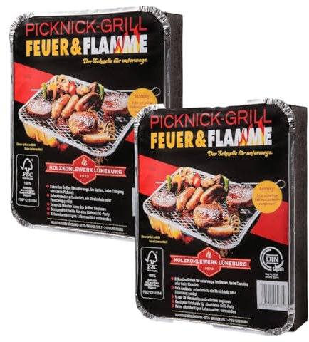 Feuer & Flamme Picknick & Einweggrill (2er Pack) + Gut & Günstig 10 stk. Grillschalen 34x22,5 cm. | perfekt geeignet, um Speisen im Camping schonend und sauber zuzubereiten
