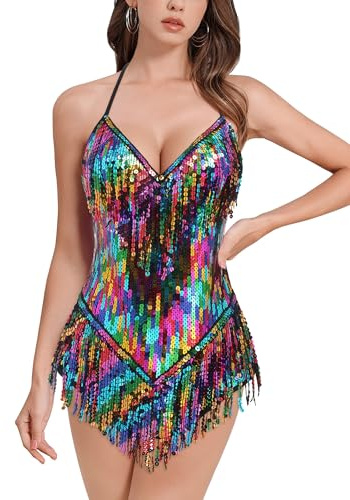 IMEKIS Women Sequins Fringe Bodysuit Halter V Neck Music Festival Leotard Shiny Latin Jazz Tango Ballroom Dance Costume Rave Outfit Colorful M