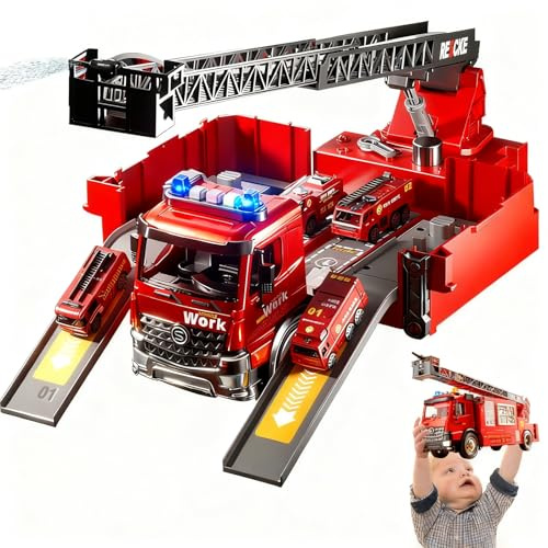 HOPANDOS Fire Truck Toy with Extending Ladder, Musical Rescue Vehicle Playset with Lights and Sound, Educational Gift for Kids (Fire Truck)